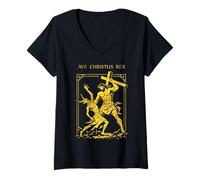 Femme AVE CHRISTUS REX - LE TRIOMPHE DU BIEN SUR LE MAL T-Shirt avec Col en V