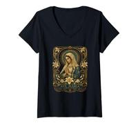 Femme AVE Maria Icône sacrée de la Vierge Marie Lily T-Shirt avec Col en V
