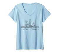 Femme Ave Maris Stella Our Lady Blessed Mary Art catholique T-Shirt avec Col en V