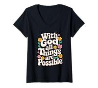 Femme avec Dieu, Tout est Possible : Femmes, Verset de la Bible chrétienne T-Shirt avec Col en V