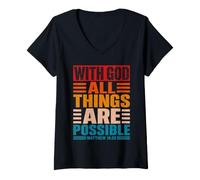 Femme avec Dieu, Tout est Possible Matthieu 19:26 Vintage T-Shirt avec Col en V