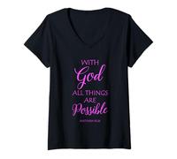 Femme avec Dieu, Tout est Possible Matthieu, Verset de la Bible, Foi T-Shirt avec Col en V