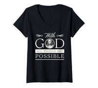 Femme avec Dieu, Tout est Possible : Religieux, Jésus, chrétien T-Shirt avec Col en V
