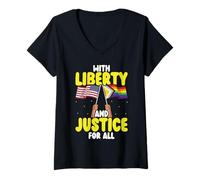 Femme avec Drapeau américain Liberty and Justice for All Pride Month T-Shirt avec Col en V