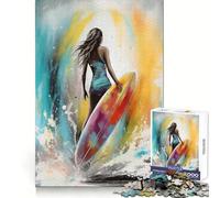 Femme avec Planche de Surf Puzzle 1000 pièces pour Adultes pour stimuler l'esprit, se détendre et se divertir Fermeture sécurisée Idée Cadeau de Noël (38x26cm)