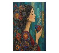 Femme avec Tasse de thé Puzzle 1000 Pièces en Bois, Défi d'Assemblage