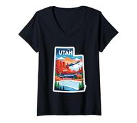 Femme Aventure Colorée dans Les Paysages de l'Utah T-Shirt avec Col en V