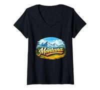 Femme Aventure dans Le Paysage Sauvage des Montagnes du Montana T-Shirt avec Col en V
