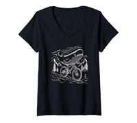 Femme Aventure en montagne avec une baleine à vélo T-Shirt avec Col en V