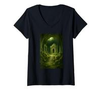 Femme Aventure Fantastique envahie par Les ruines d'un Ancien Temple de la Jungle T-Shirt avec Col en V