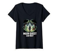 Femme Aventurier Gamer Main Quest Can Wait RPG Side Quest T-Shirt avec Col en V