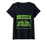 Femme Avertissement ! Girls Trip in Progress Fun Party Girlfriends Meme T-Shirt avec Col en V