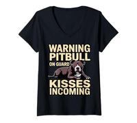 Femme Avertissement Pitbull on Guard Bisous entrants Drôle T-Shirt avec Col en V