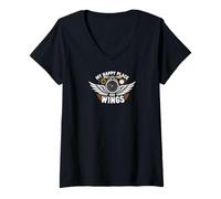 Femme Aviation Pilot My Happy Place Has Wings Airplane Design T-Shirt avec Col en V