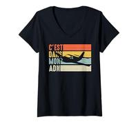 Femme Avion Aviation C'est dans Mon adn Voler Pilote Humour T-Shirt avec Col en V