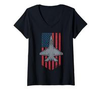 Femme Avion de Chasse sur Drapeau américain Vieilli T-Shirt avec Col en V