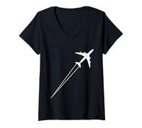 Femme Avion Fumée Traînées de Condensation Air Vole Voyage T-Shirt avec Col en V
