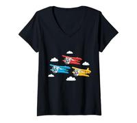Femme Avions Mignons de Dessin animé Volant coloré Avion Art T-Shirt avec Col en V