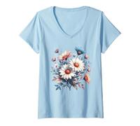 Femme Avril Daisy Naissance Bouquet de Fleurs Illustration T-Shirt avec Col en V