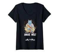 Femme Aware Wolf Jeu de Mots drôle de méditation Loup T-Shirt avec Col en V