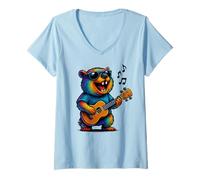 Femme Awawa Rock Hyrax Joue Ukulélé Guitare Rainbow Hippie Drôle T-Shirt avec Col en V