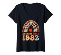 Femme Awesome Since 1982 44th Birthday Boho Rainbow 44 Years Old T-Shirt avec Col en V