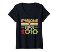 Femme Awesome Since 2010 Classic Year Birth of Birthday Vintage T-Shirt avec Col en V
