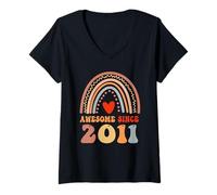 Femme Awesome Since 2011 15th Birthday Boho Rainbow 15 Years Old T-Shirt avec Col en V