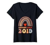 Femme Awesome Since 2019 7th Birthday Boho Rainbow 7 Years Old T-Shirt avec Col en V