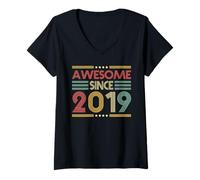 Femme Awesome Since 2019 7th Birthday Retro Vintage 7 Years Old T-Shirt avec Col en V