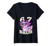 Femme Axolotl 67 Bruh Funny Meme Lunettes de Soleil Cool Walking Fish T-Shirt avec Col en V
