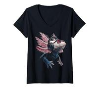 Femme Axolotl Animal Lover Music Casque Portrait Art Axolotl T-Shirt avec Col en V