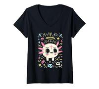 Femme Axolotl Crâne Kawaii Art Gothique Pastel T-Shirt avec Col en V