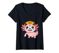 Femme Axolotl dans Le Maquillage Sugar Skull T-Shirt avec Col en V