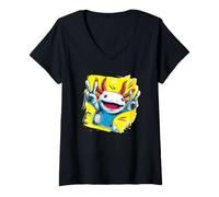 Femme Axolotl Panneau Graphique rétro Motif Double Paix Jaune T-Shirt avec Col en V