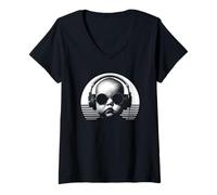Femme Baby DJ, Design, Moderne, Fun, Mix et Festival, Blanc, Retro T-Shirt avec Col en V