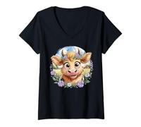 Femme Baby Highland Cow with Purple Flowers Scottish Farm T-Shirt avec Col en V