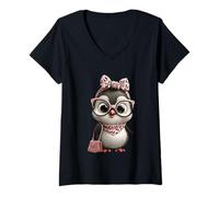 Femme Baby Penguin Kawaii Lunettes carrées Motif léopard Rose T-Shirt avec Col en V
