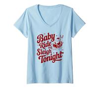 Femme Baby Ride My Sleigh Père Noël Amusant pour Adulte Motif Humour T-Shirt avec Col en V