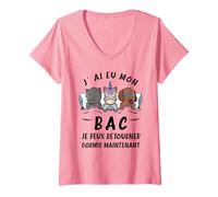 Femme Baccalauréat Félicitation BAC Chat Chien Dormir T-Shirt avec Col en V