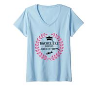 Femme Bachelière 2025 Félicitations Succès BAC Souvenir Fille T-Shirt avec Col en V