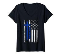 Femme Back The Blue Jesus Faith Cross Police Fine Blue Line Drapeau T-Shirt avec Col en V