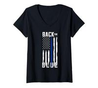 Femme Back The Blue Thin Blue Line Distressed USA Flag T-Shirt avec Col en V