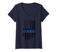 Femme Back The Blue Thin Blue Line Distressed USA Flag T-Shirt avec Col en V