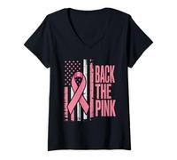 Femme Back The Pink Drapeau américain Sensibilisation au Cancer du Sein Femmes Hommes Enfants T-Shirt avec Col en V