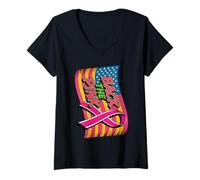 Femme Back The Pink Drapeau américain Sensibilisation au Cancer du Sein Femmes Hommes Enfants T-Shirt avec Col en V