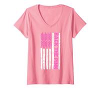 Femme Back The Pink Warrior Flag Sensibilisation américaine au Cancer du Sein T-Shirt avec Col en V