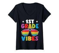Femme Back to School 1st Grade Vibes Sunglasses Retro First Day T-Shirt avec Col en V