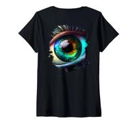 Femme Backprint Arc-en-Ciel Oeil la beauté dans Le Noir T-Shirt avec Col en V