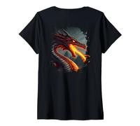 Femme Backprint Dragon de feu cracheur de feu Terrifiant T-Shirt avec Col en V